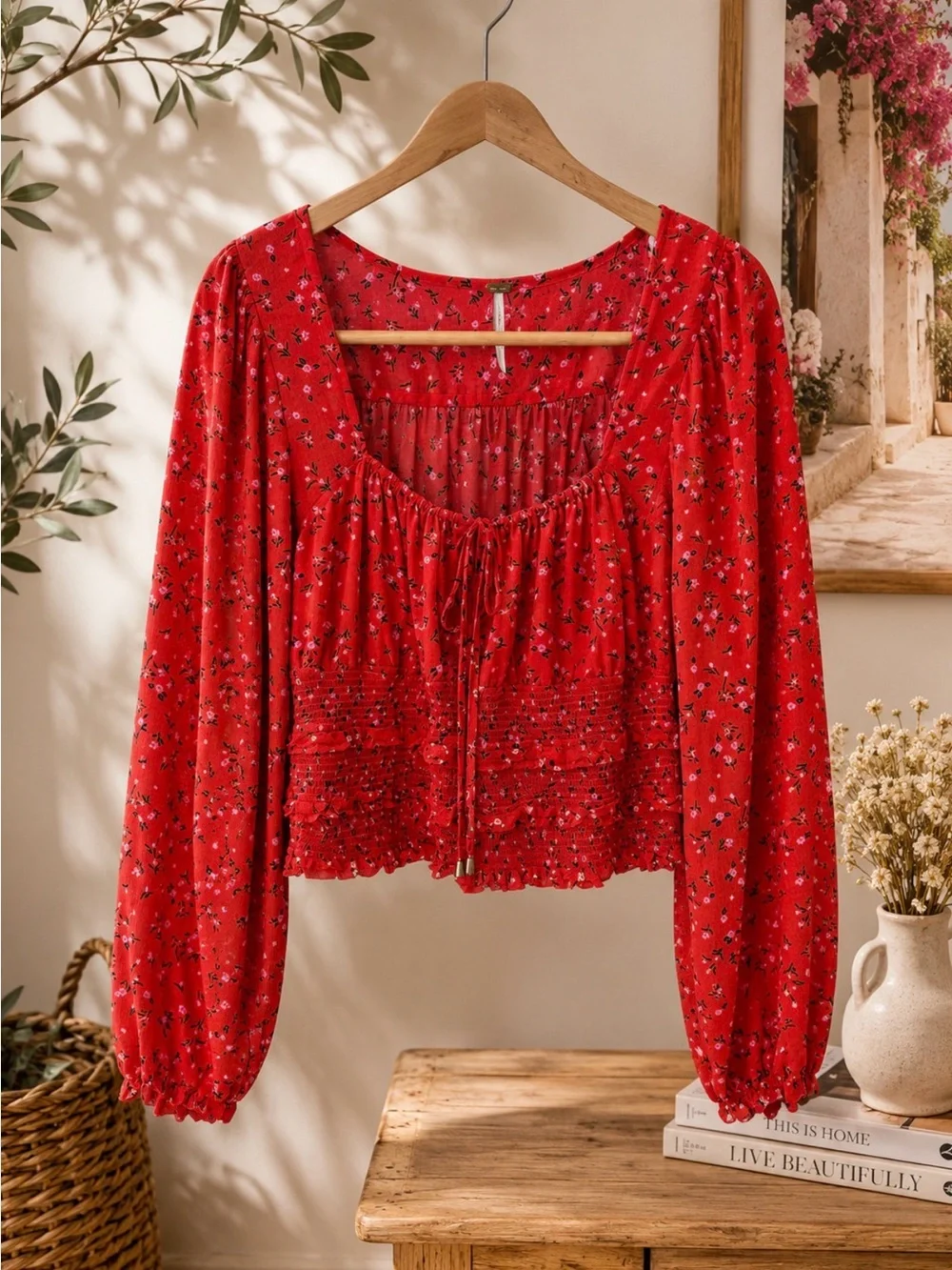 Free People Red Floral Smocked Peasant Top Sz XL P2P 20’ NWT